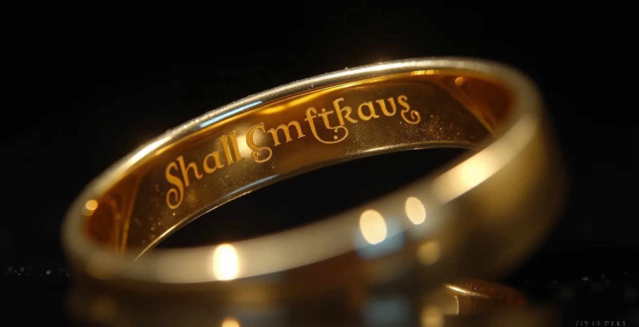 Detalle macro del interior de un anillo con grabado láser personalizado iluminado con luz cálida