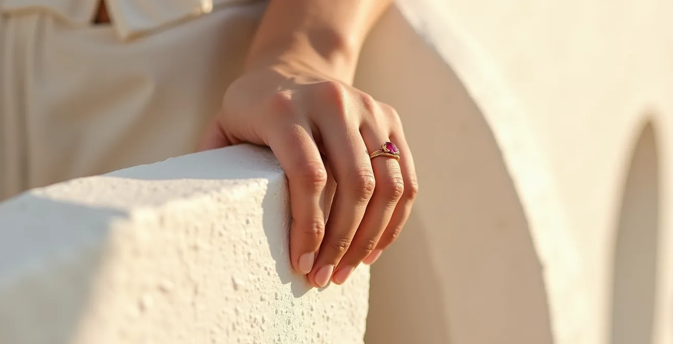 Mano mediterránea luciendo anillo de rubí engastado en oro amarillo