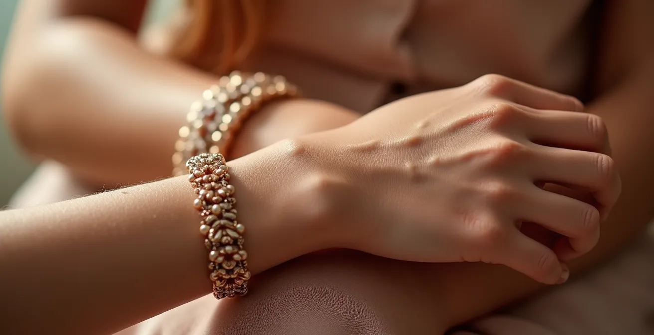 Mujer aplicando perfume en puntos estratégicos como la muñeca, lejos de las joyas del cuello.