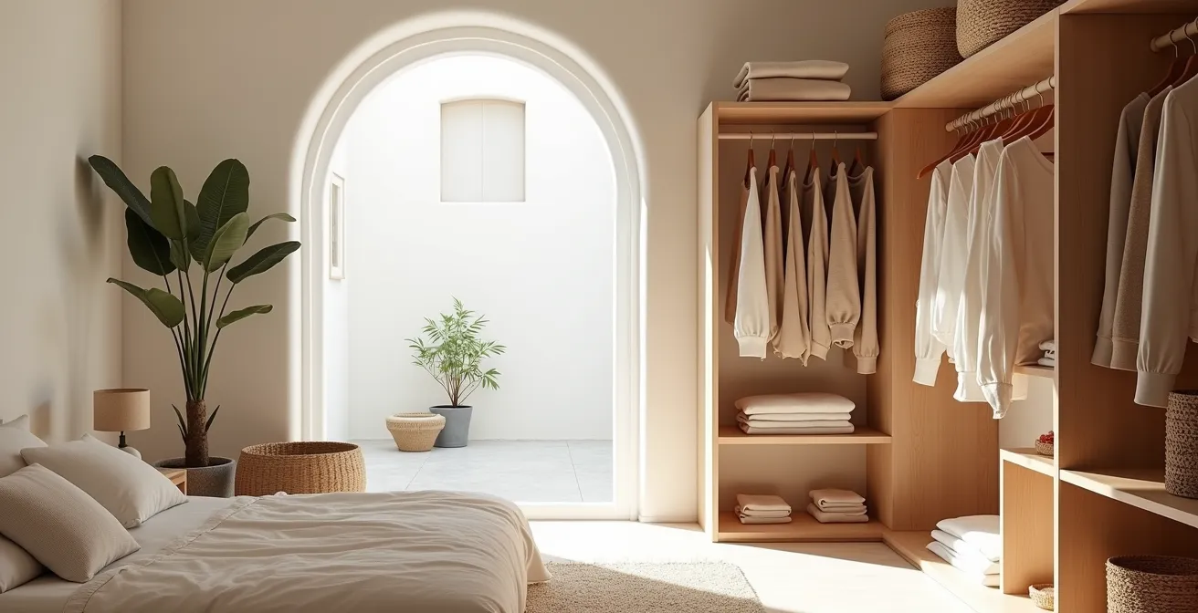 Armario cápsula mediterráneo organizado con estilo minimalista español