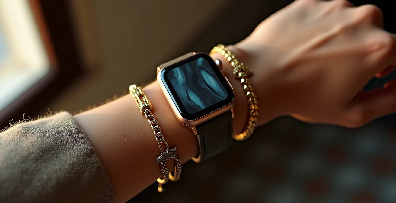 Muñeca con smartwatch elegante combinado con pulseras vintage en disposición armoniosa