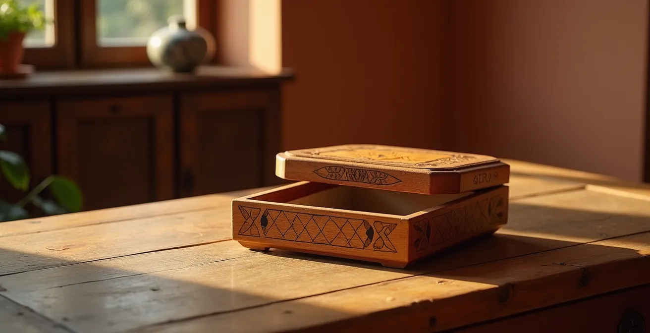 Caja de joyería artesanal con marquetería granadina sobre mesa de madera antigua con luz cálida