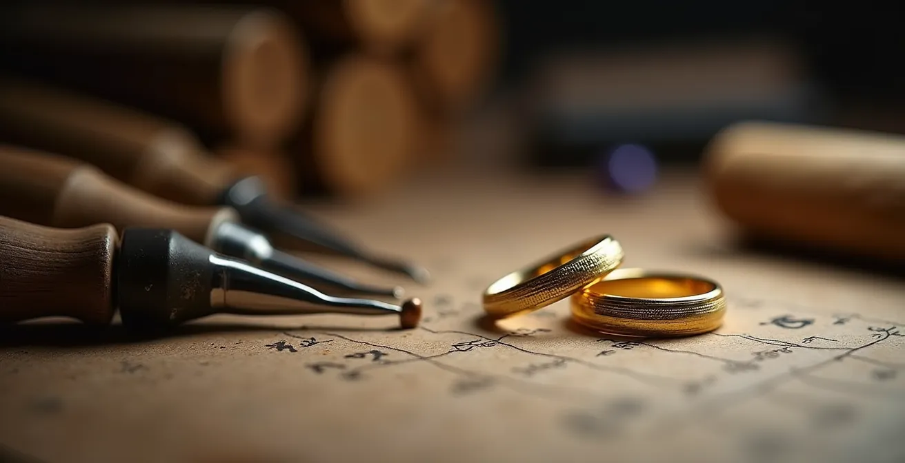 Mesa de joyero con alianzas y herramientas de grabado artesanal
