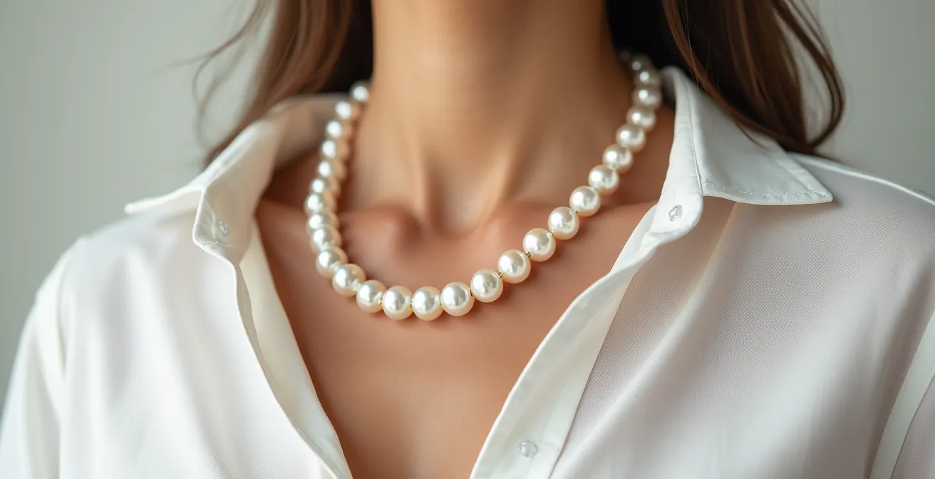 Detalle de cuello de camisa blanca con collar de perlas barrocas y texturas naturales