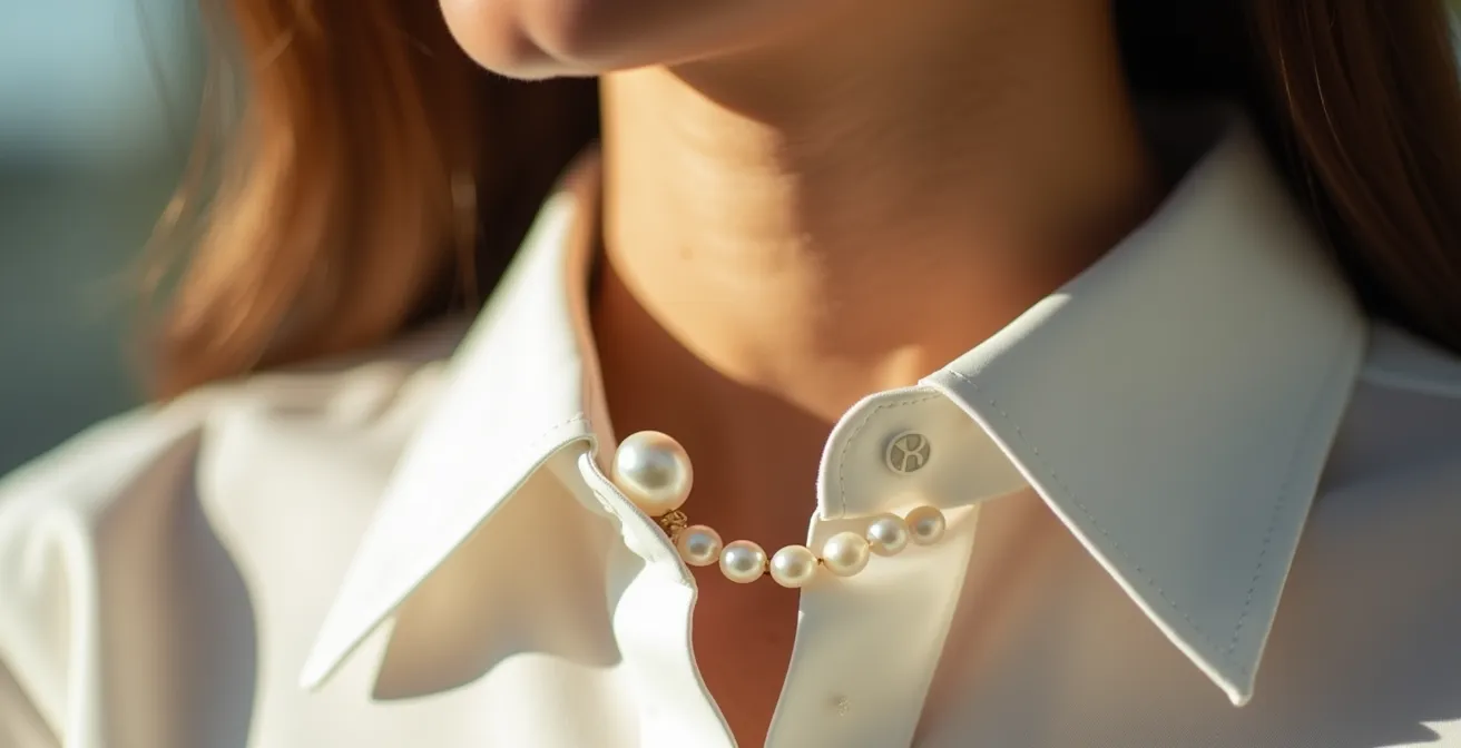 Detalle de cuello de camisa blanca con collar de perlas sobre piel bronceada