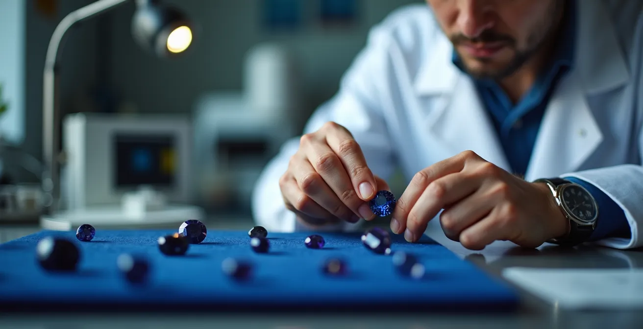 Gemólogo examinando un certificado de origen de zafiro con lupa profesional