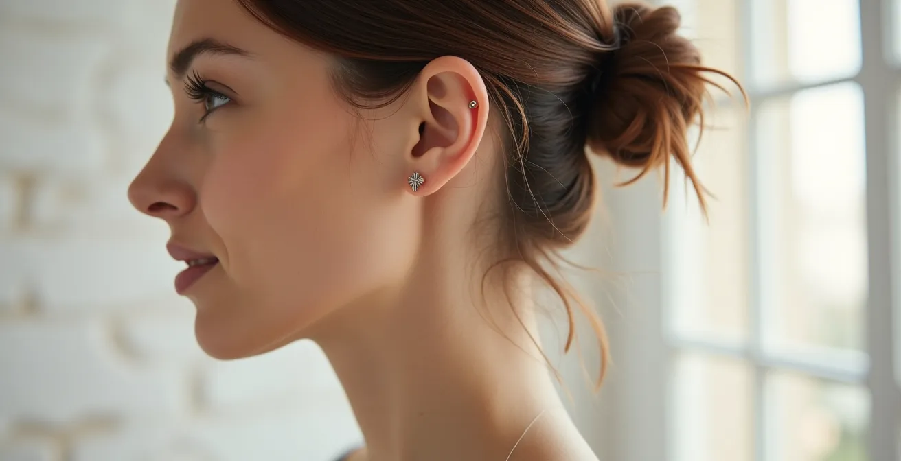 Oreja con piercing en proceso de cicatrización saludable
