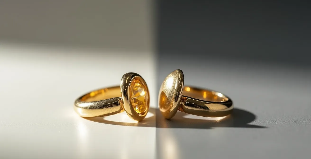 Comparación visual entre anillos de oro de 18k y 24k con monturas para diamantes