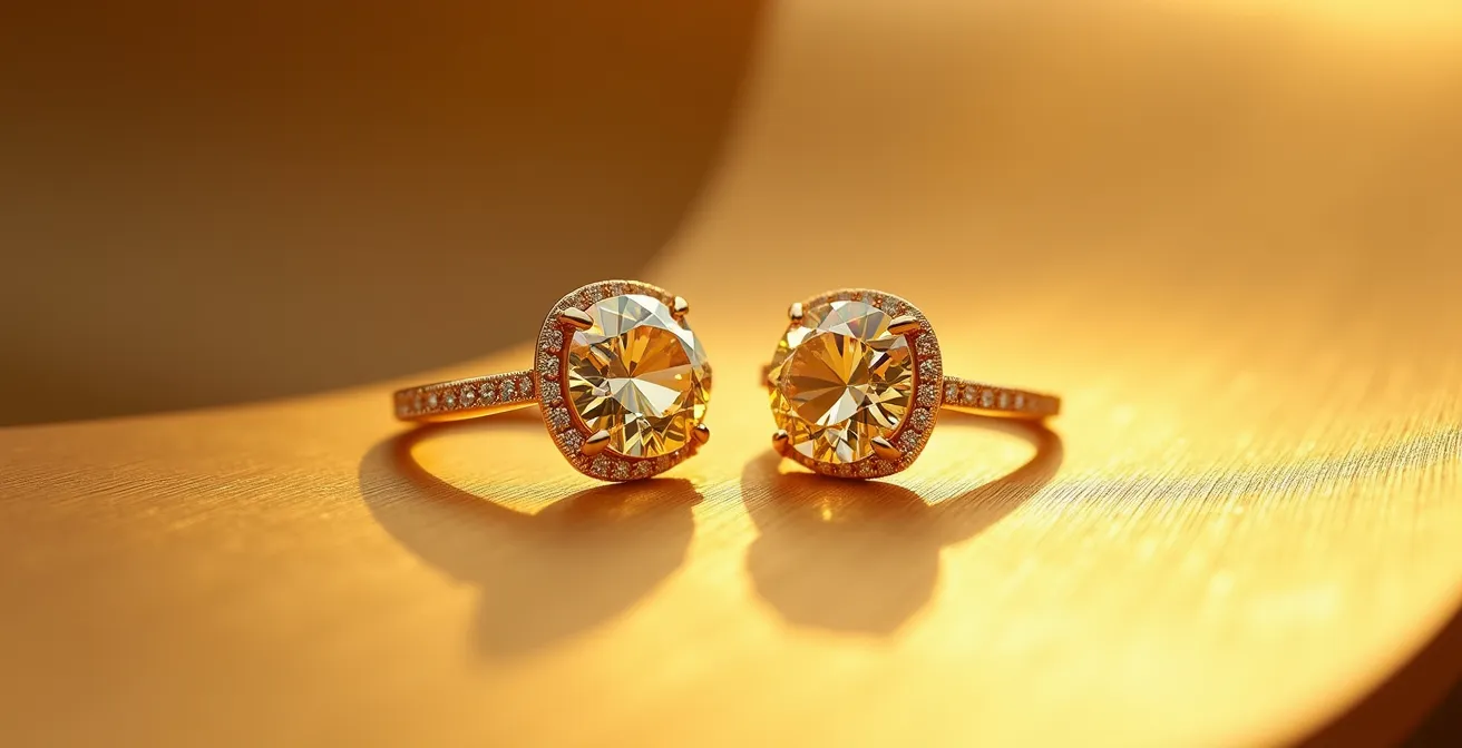 Comparación visual de dos diamantes con diferente color montados en oro amarillo