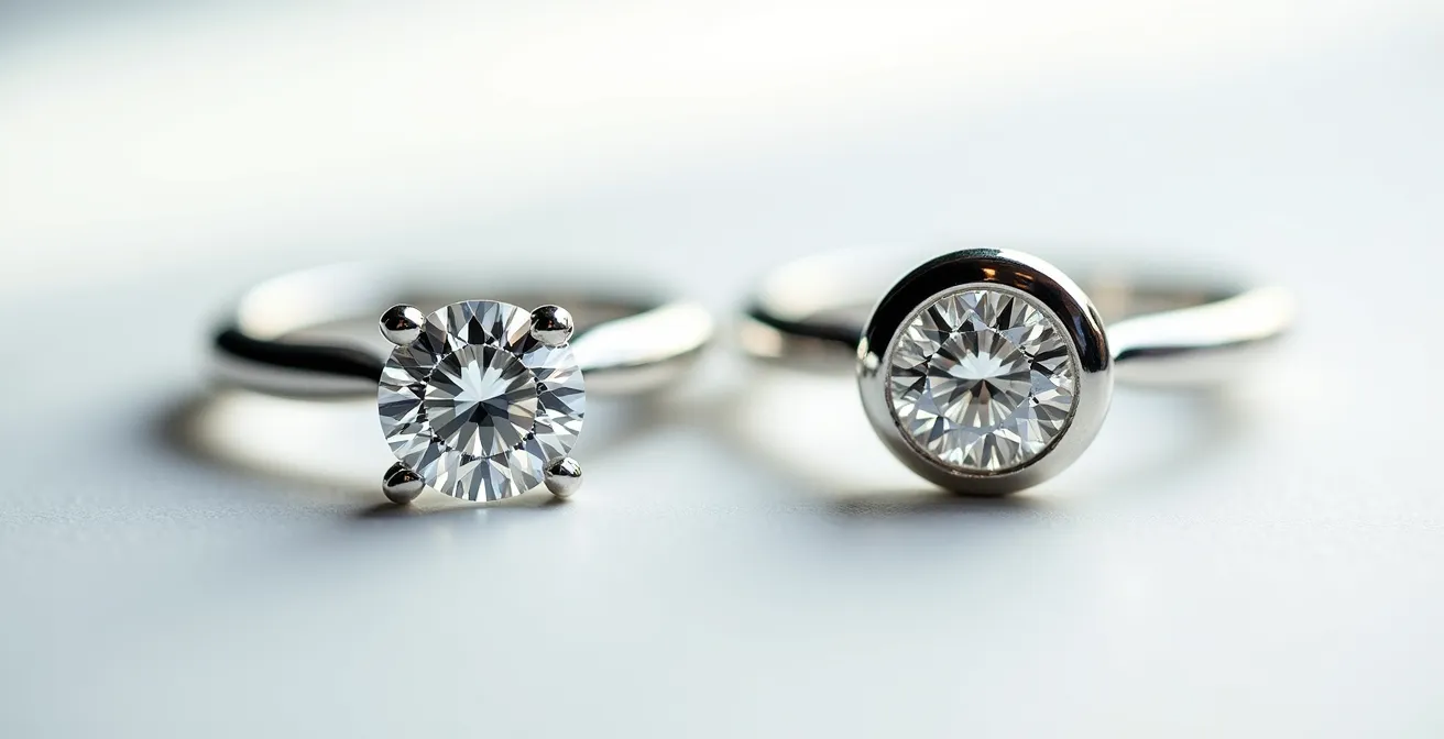 Comparación visual entre engaste de garras y bisel en anillos de diamante