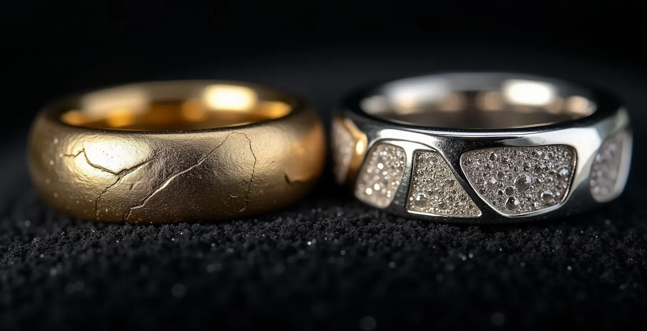 Detalle microscópico comparando la estructura del oro blanco de 18k y 9k