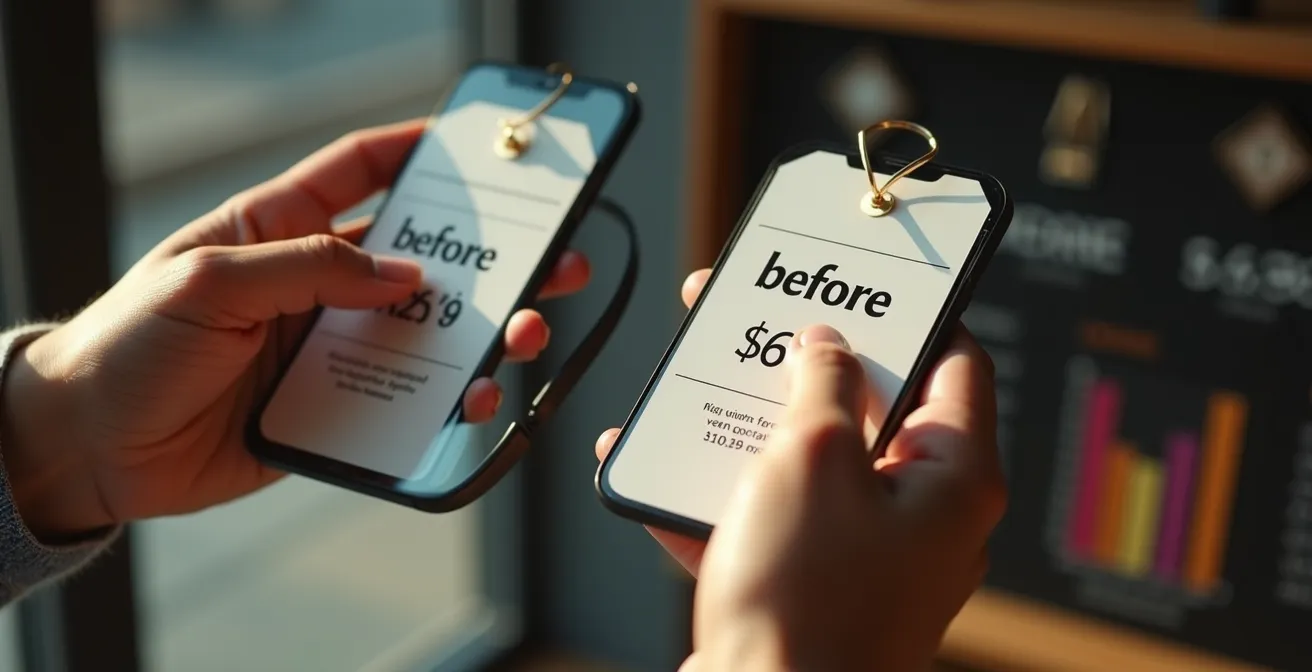 Manos comparando etiquetas de precios en joyas con calculadora y smartphone para detectar ofertas falsas.