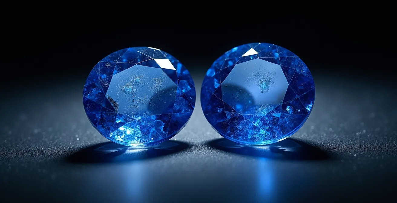 Comparación microscópica de zafiros con y sin tratamiento térmico mostrando diferencias en inclusiones