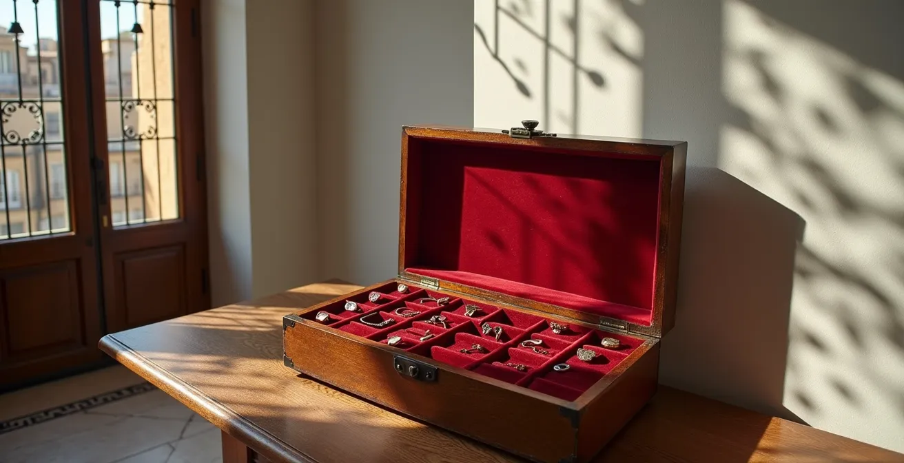 Joyero artesanal español con compartimentos para conservación de joyas antiguas