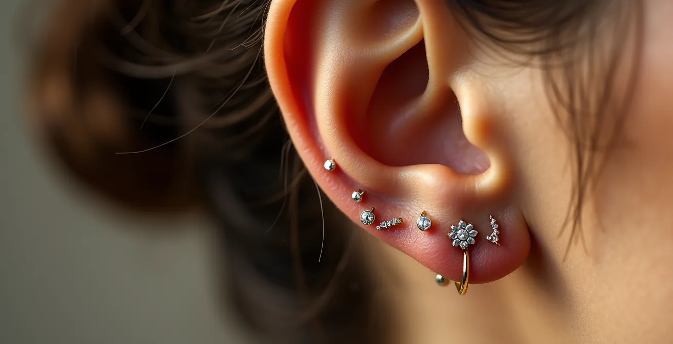 Detalle macro de oreja con múltiples piercings y pendientes coordinados estéticamente