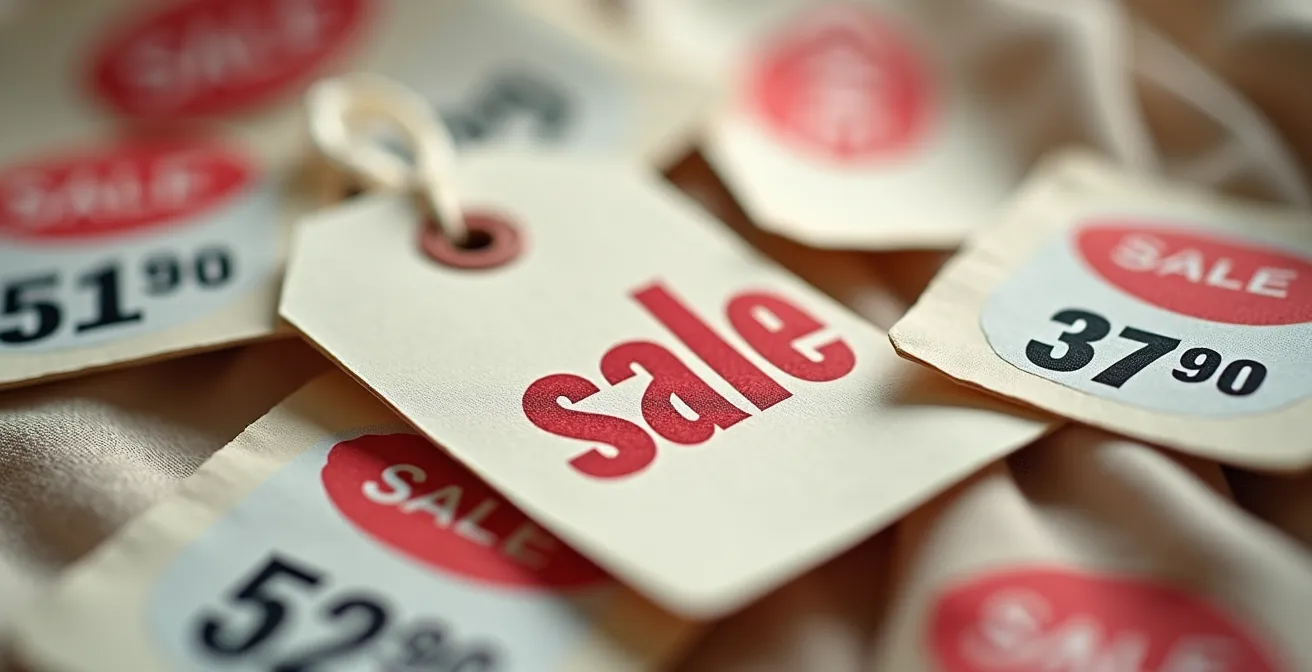 Fotografía macro de etiquetas de precio en prendas de ropa mostrando diferentes códigos de descuento