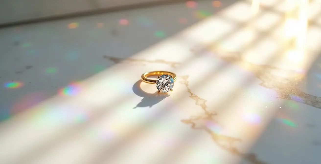 Vista detallada de diamante mostrando sus características de corte y brillo bajo luz natural