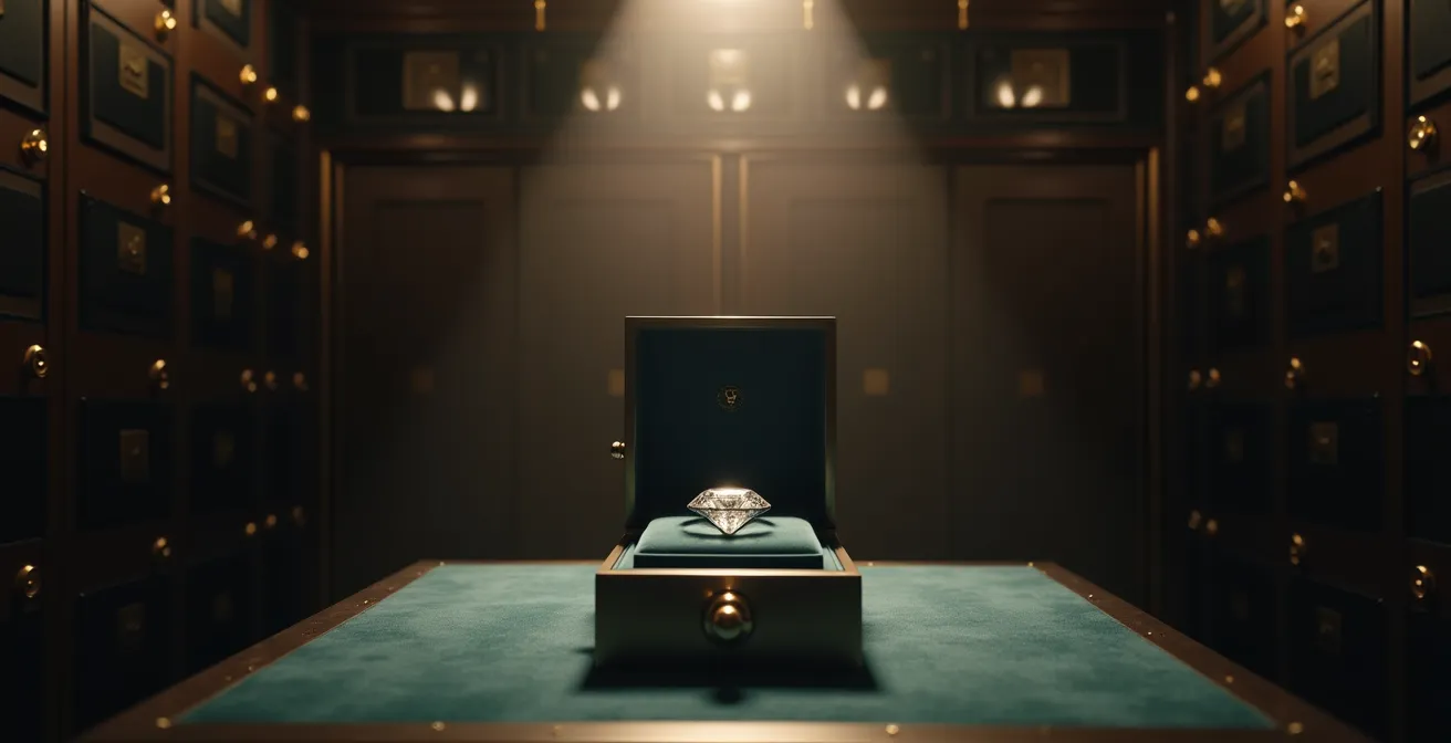 Diamante certificado junto a documentos de inversión en ambiente de caja de seguridad bancaria