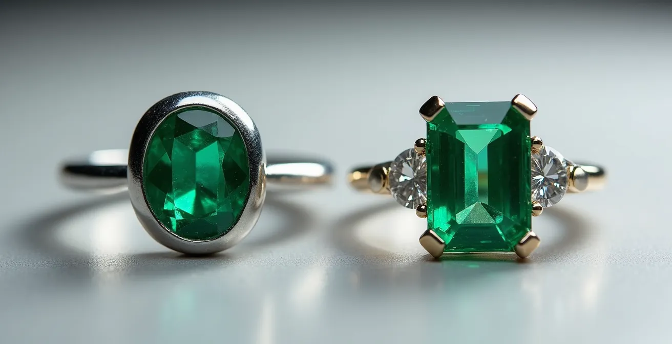 Comparación visual de engaste en bisel y garras en anillos con esmeralda