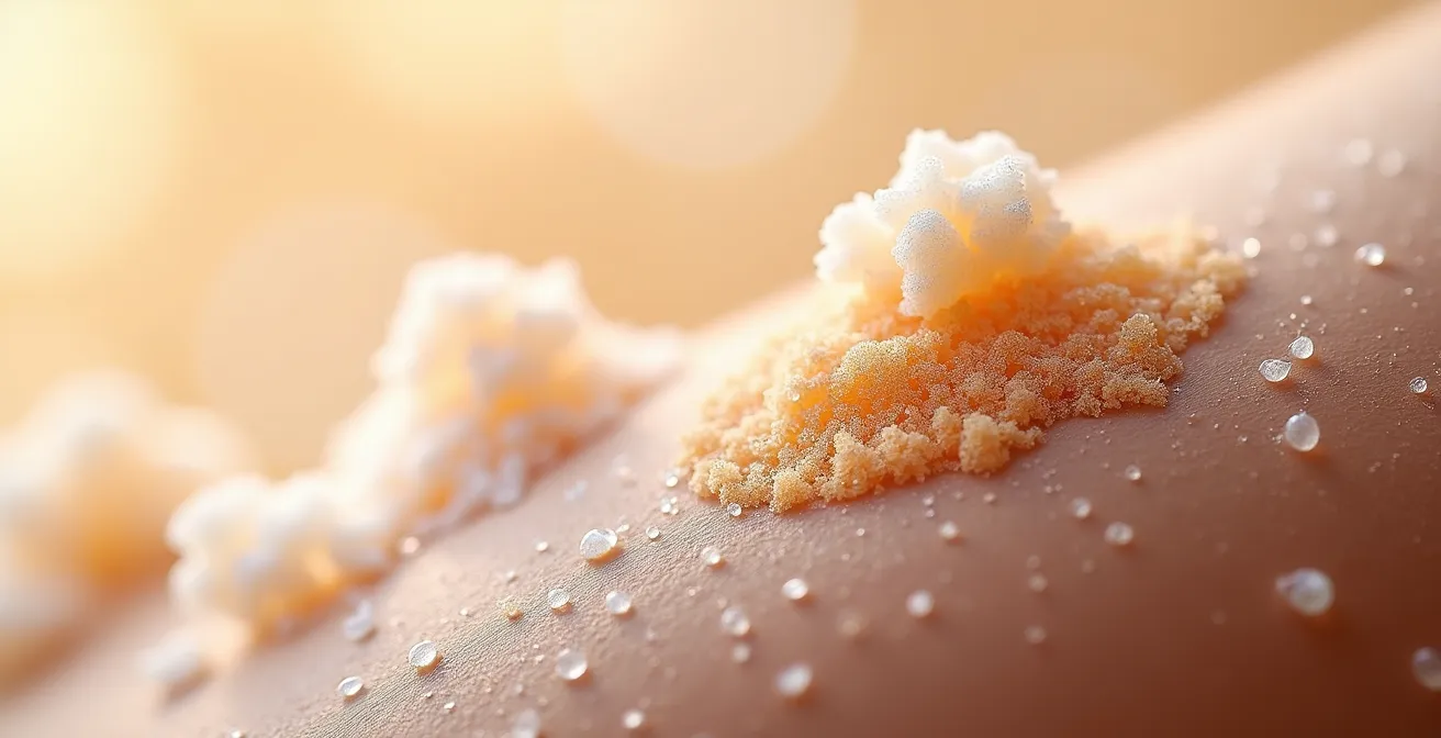 Textura de exfoliante natural con gránulos de azúcar y sal sobre piel del escote