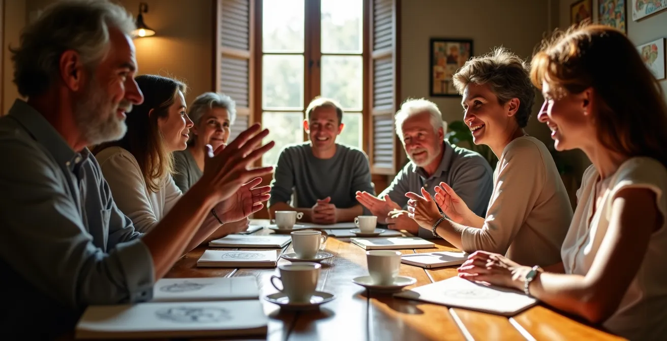 Familia española reunida alrededor de una mesa planificando un regalo especial para un 50 cumpleaños