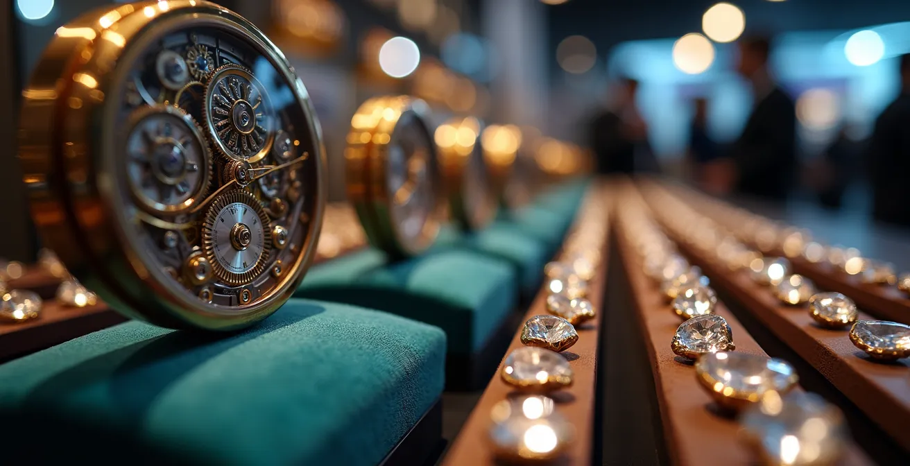 Vista panorámica de stands profesionales en feria Madridjoya España