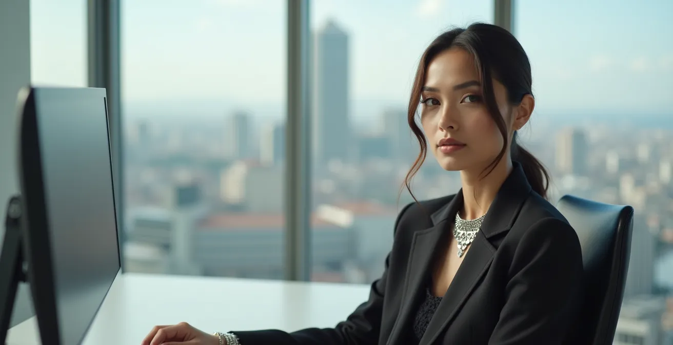 Mujer profesional en oficina moderna con gargantilla de piedra tallada geométrica