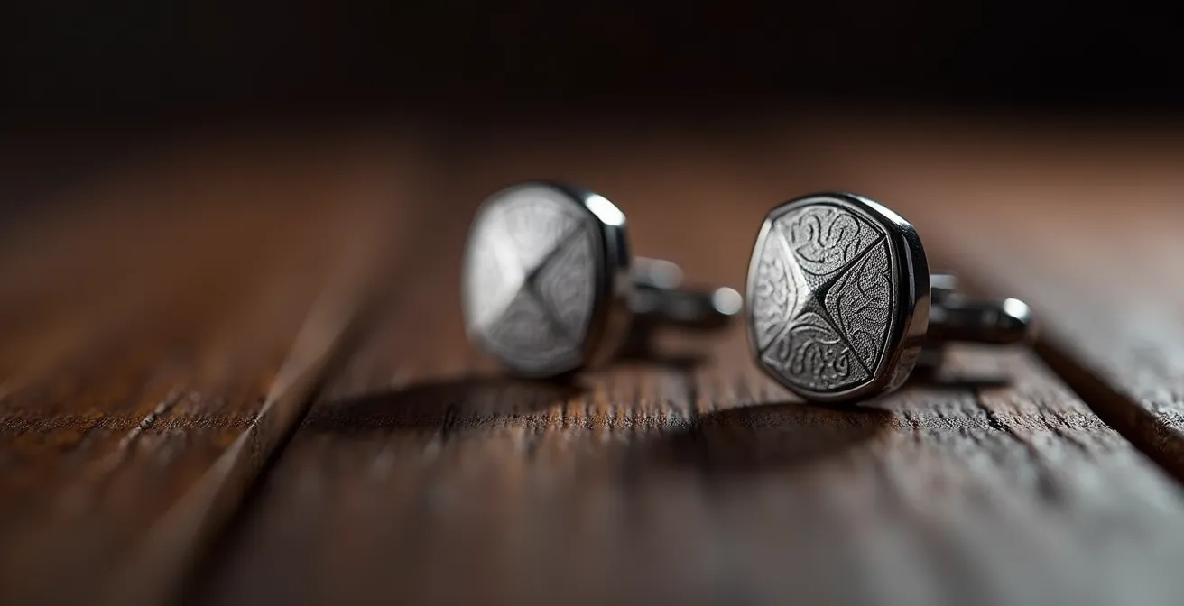 Detalle macro de gemelos de titanio sobre superficie de madera noble oscura