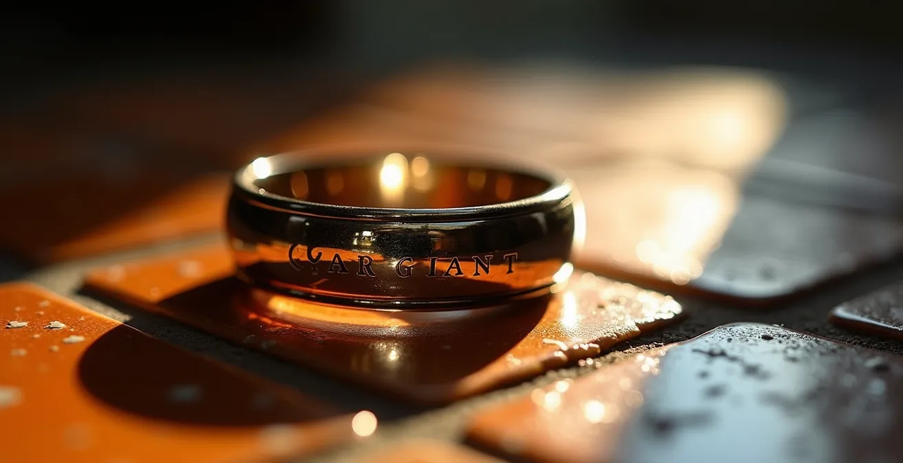 Detalle microscópico de un grabado láser sutil en el interior de un anillo