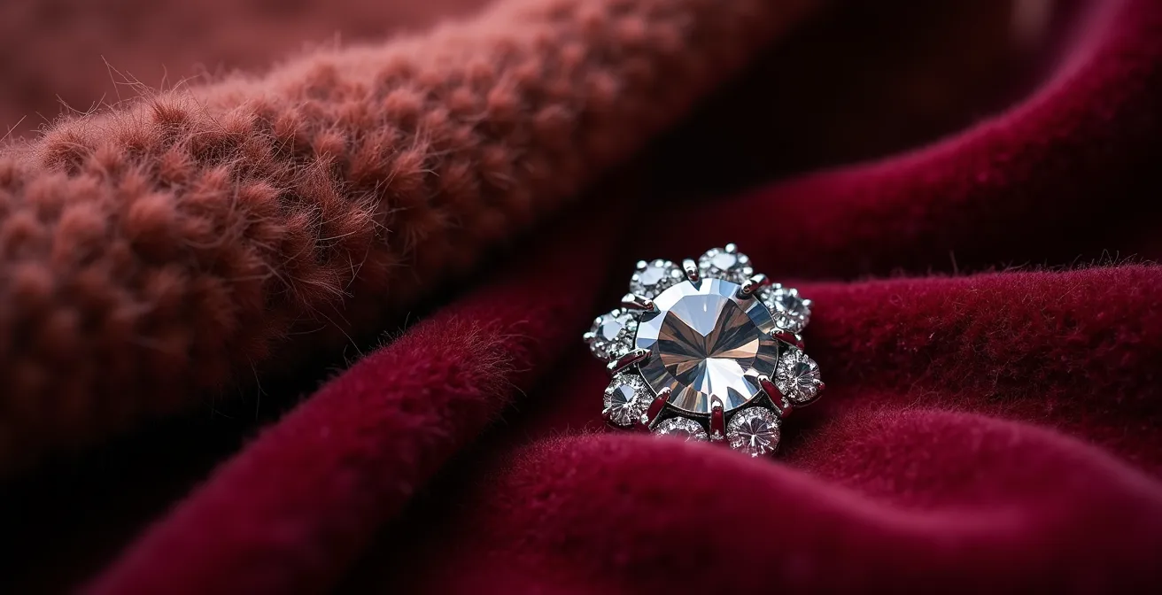 Contraste elegante entre joyas brillantes y terciopelo para boda invernal