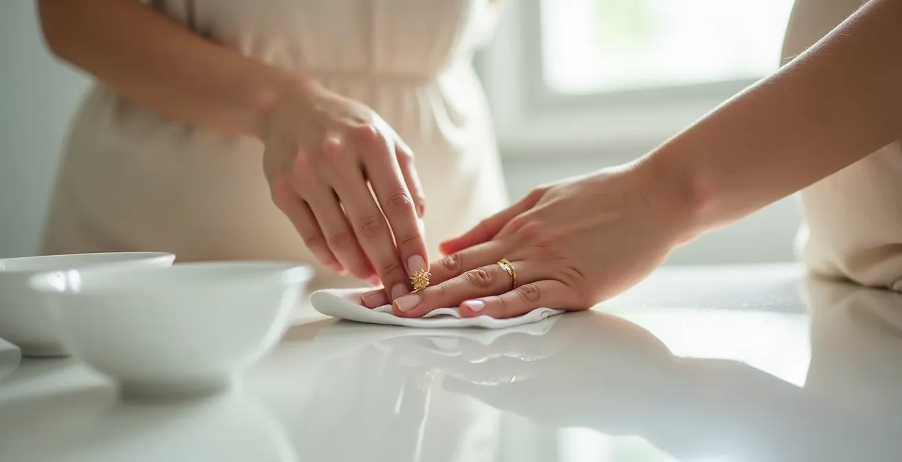 Manos delicadas limpiando anillos y collares de oro con productos naturales sobre una superficie clara.