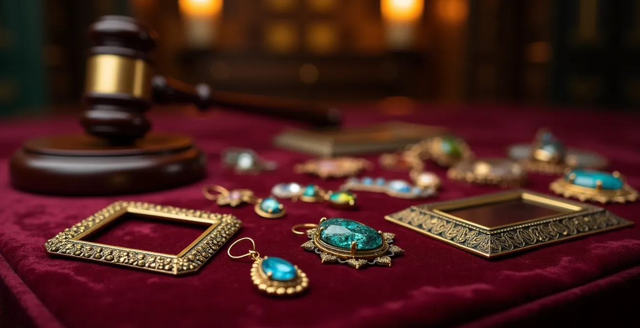 Joyas vintage expuestas elegantemente sobre terciopelo con martillo de subastador difuminado