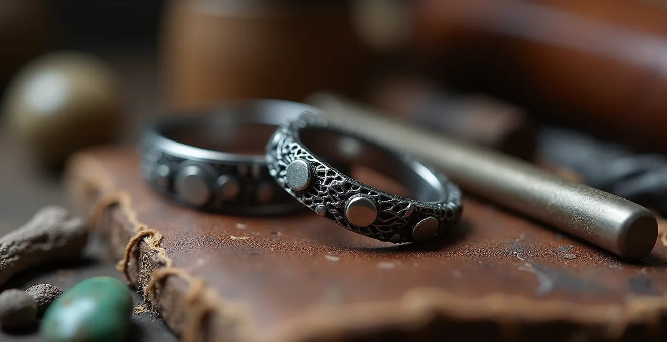 Detalle macro de joyería masculina artesanal española contemporánea