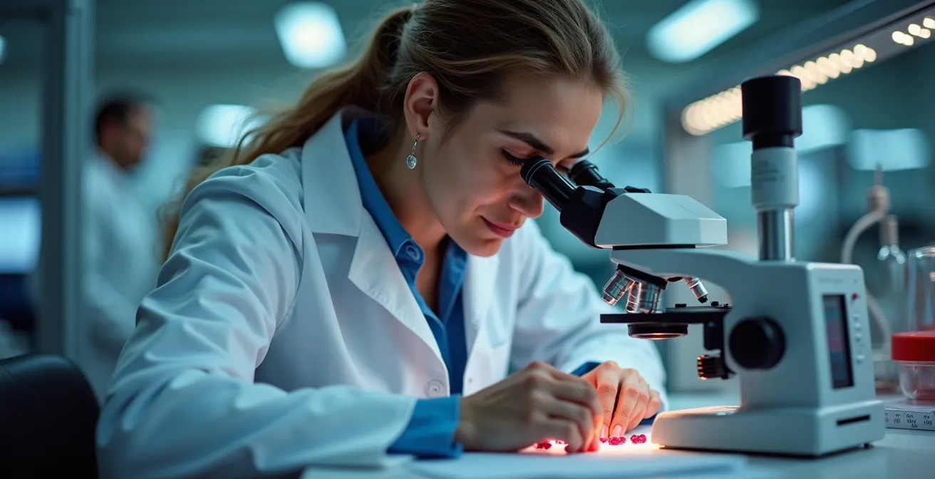 Gemólogo analizando un rubí con microscopio profesional en laboratorio