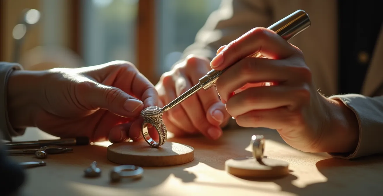 Detalle de limpieza profesional bajo el engaste de un anillo con gema