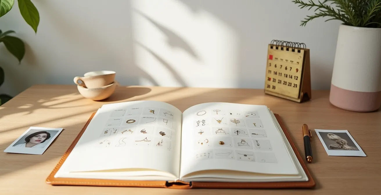 Mesa con cuaderno de notas, calendario y fotos de joyas organizadas por categorías, representando una wishlist estratégica.
