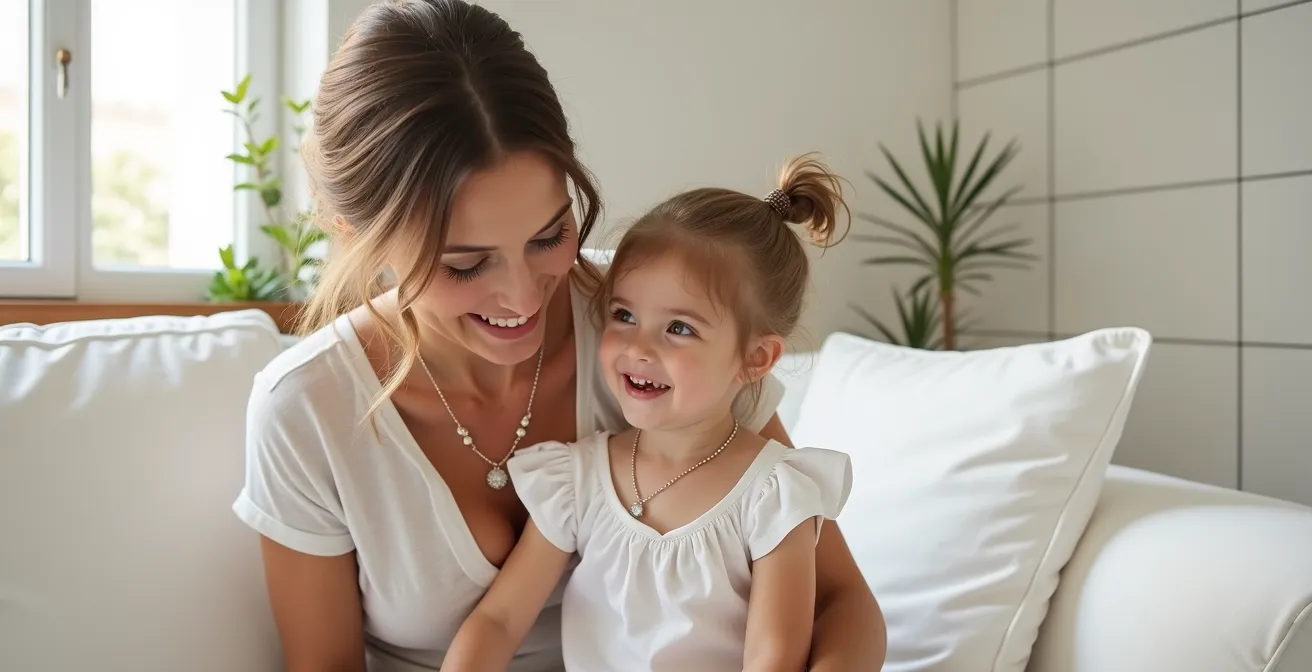Madre e hija pequeña con collares coordinados en tonos suaves compartiendo un abrazo