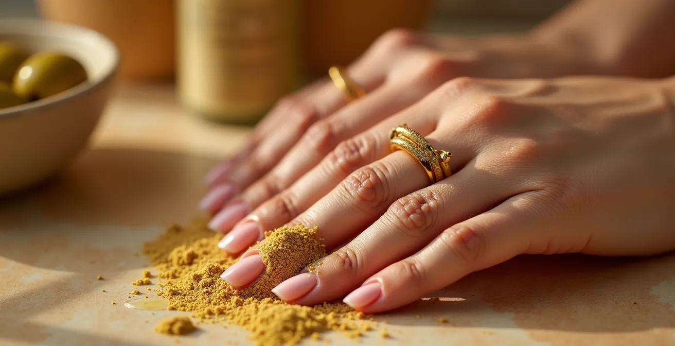 Manos femeninas con anillos dorados aplicando exfoliante natural con aceite de oliva