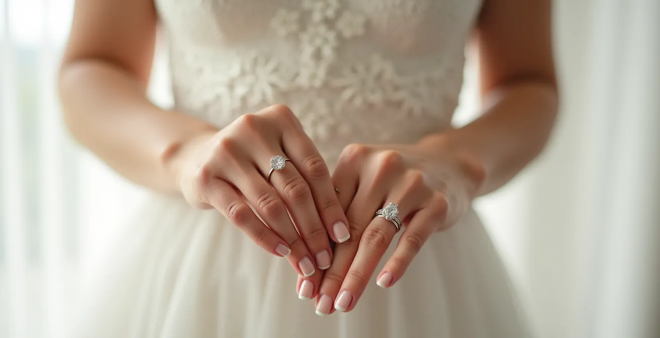 Manos de novia con alianza mostrando piel perfectamente preparada
