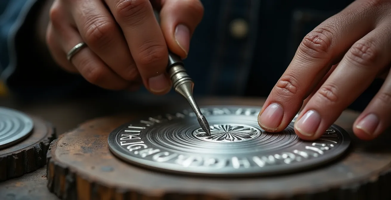 Manos de artesano grabando delicadamente una medalla de plata con herramientas tradicionales
