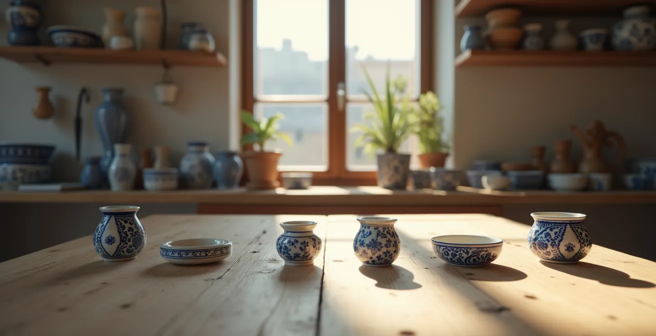 Mesa de trabajo con materiales para crear un porta-alianzas artesanal de cerámica de Talavera