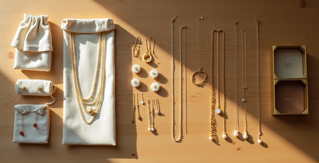 Vista cenital de accesorios de joyería organizados en compartimentos sobre superficie de madera