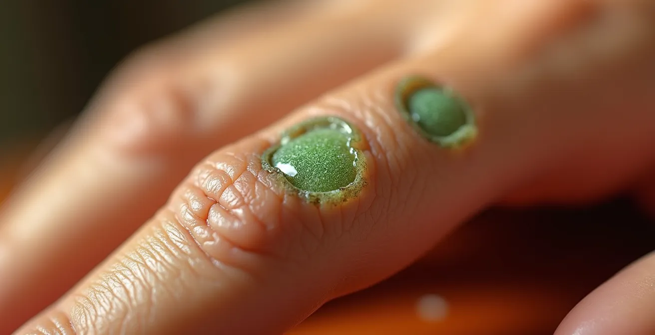 Detalle macro de oxidación verde en piel por contacto con anillo de cobre