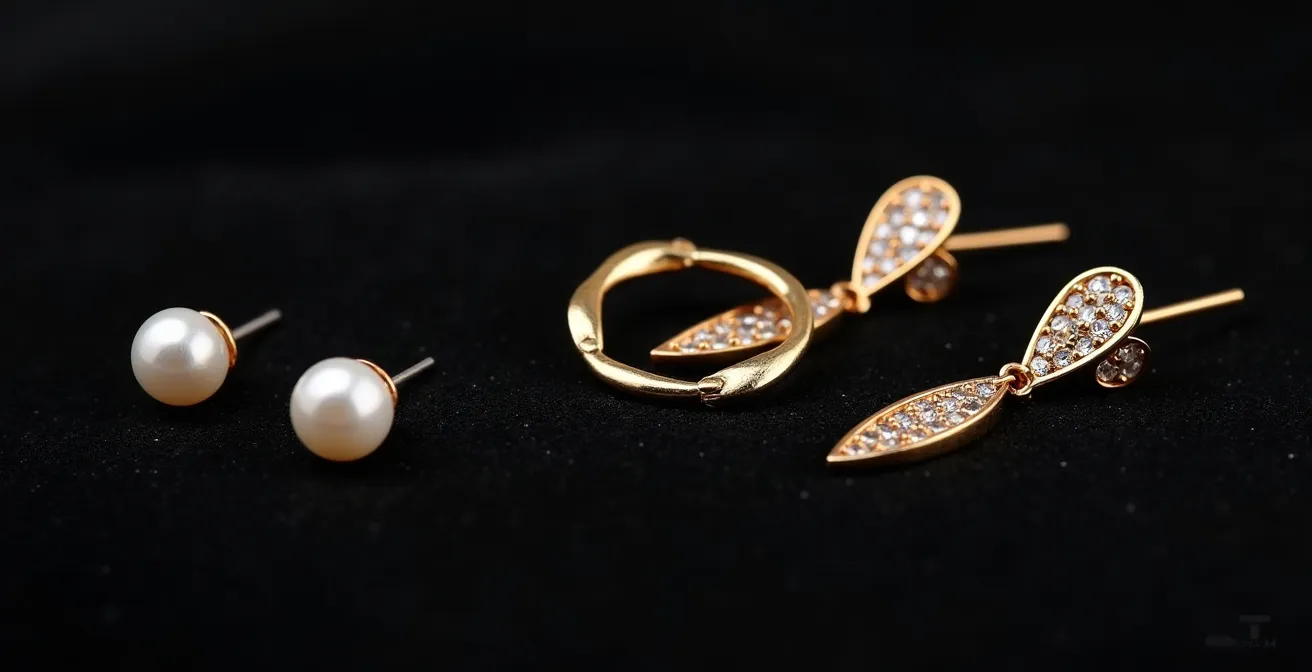 Tres pares de pendientes elegantes sobre superficie de terciopelo negro, mostrando la transición de día a noche.