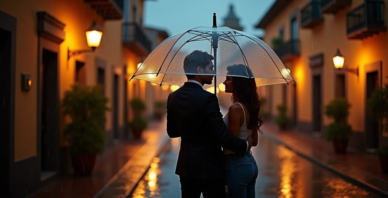 Pareja bajo paraguas transparente en plaza española con lluvia suave