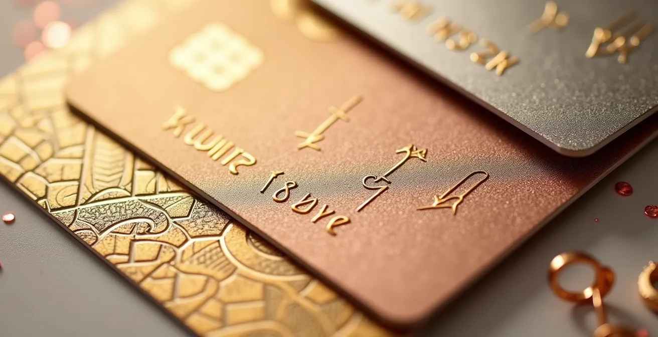 Composición elegante de tarjetas de fidelización doradas y plateadas dispuestas artísticamente con joyas borrosas al fondo