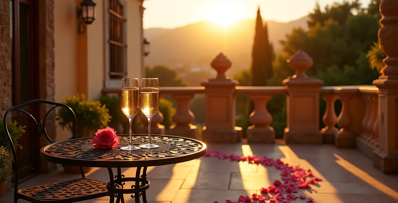 Romántica terraza de un parador español con vistas panorámicas al atardecer