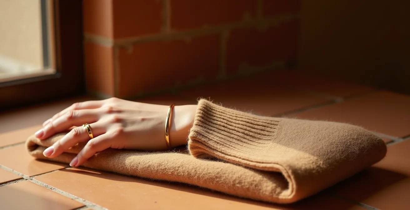 Detalle de pulsera con engaste bisel protegiendo un jersey de cashmere español