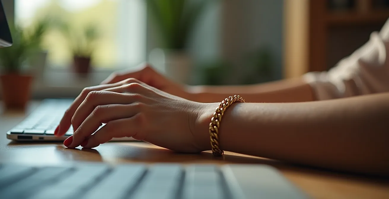 Detalle macro de pulseras minimalistas de cuero y oro en muñeca profesional