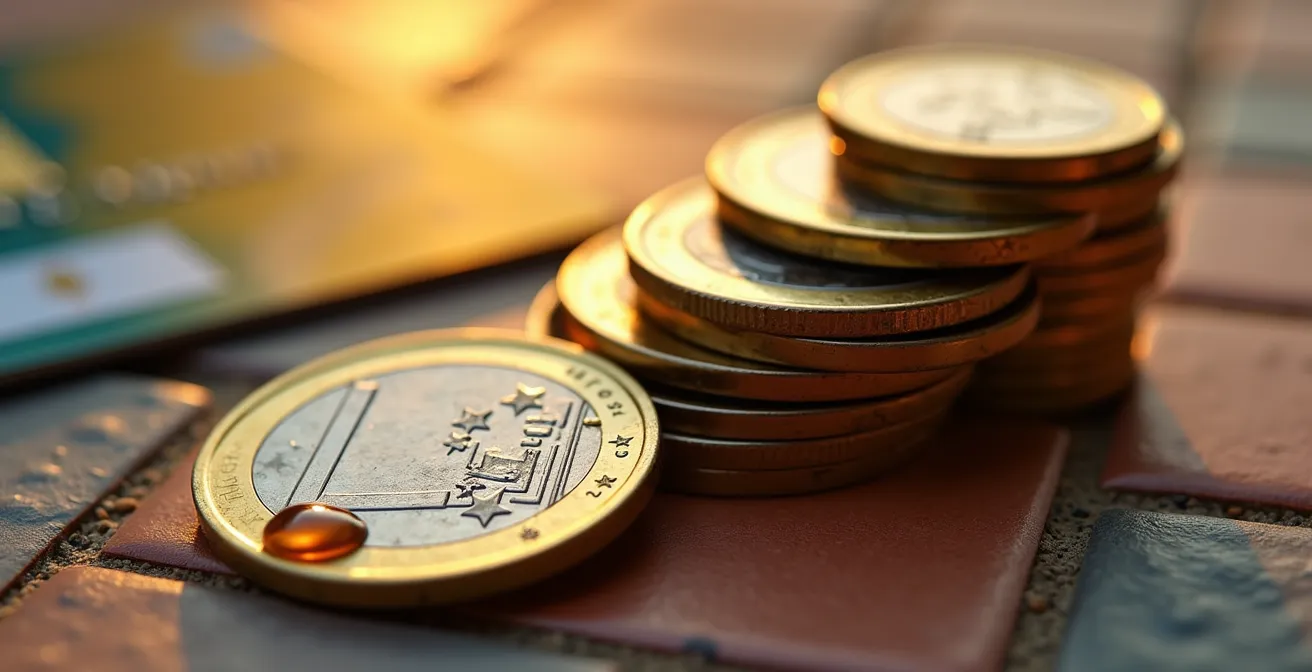 Composición macro de monedas de euro apiladas con reflejos dorados junto a tarjeta de crédito desenfocada